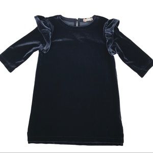 Crewcut Kids Velvet Dress  with Ruffle Shoulder Navy Blue Size 4